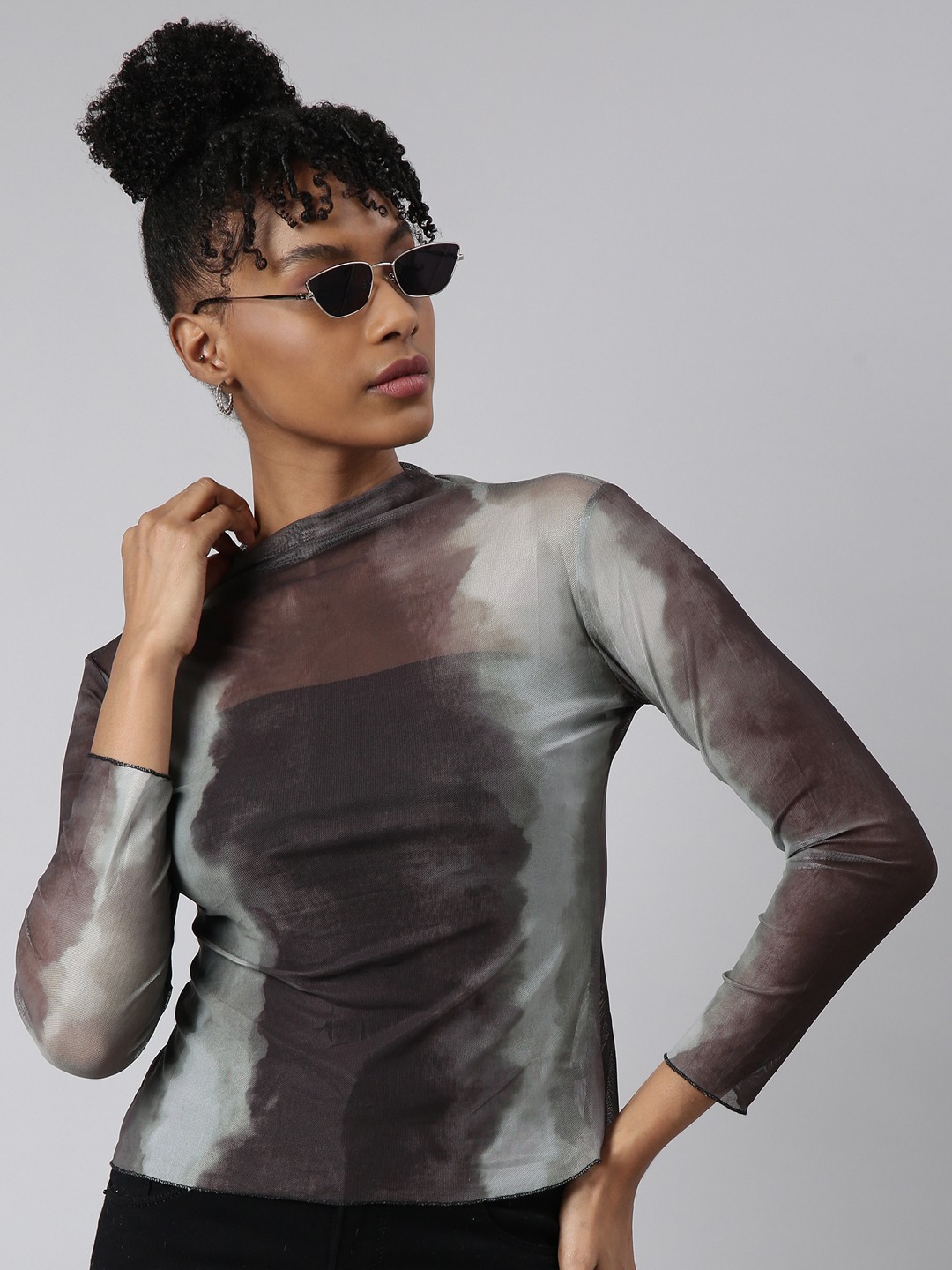 

SHOWOFF Tie and Dye High Neck Net Fitted Top, Brown