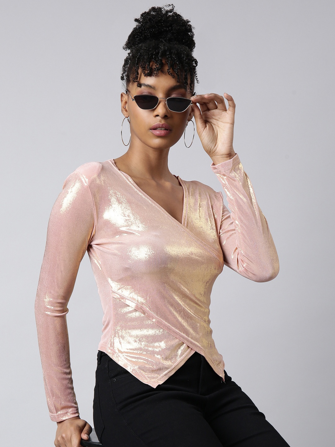 

SHOWOFF V-Neck Embellished Fitted Top, Peach