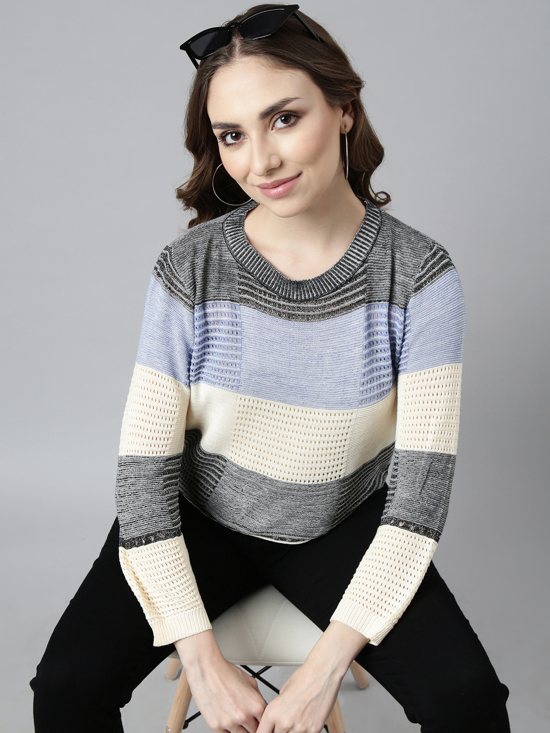 

SHOWOFF Striped Round Neck Extended Sleeves Crochet Top, Cream