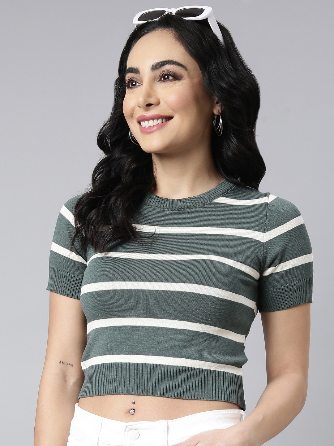 

SHOWOFF Horizontal Striped Crop Fitted Acrylic Top, Green