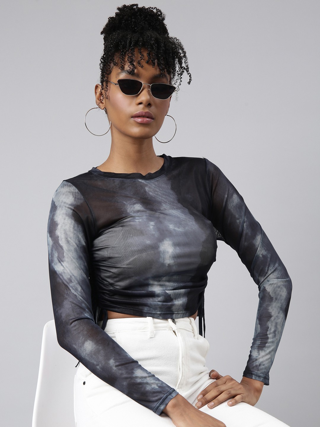 

SHOWOFF Tie-Ups Semi Sheer Fitted Crop Top, Grey