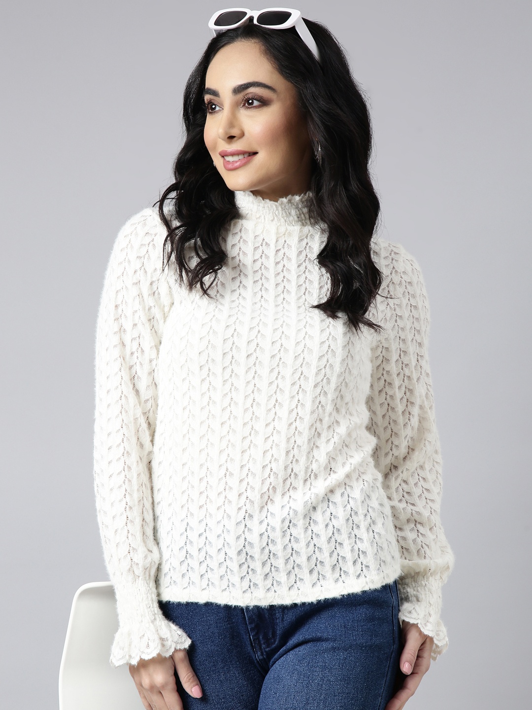 

SHOWOFF High Neck Long Sleeve Lace Top, Cream