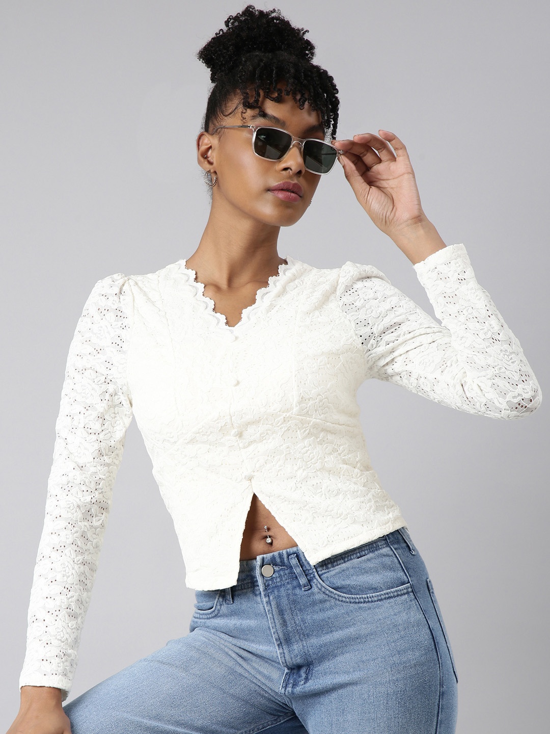 

SHOWOFF Self Design Empire Regular Top, Cream