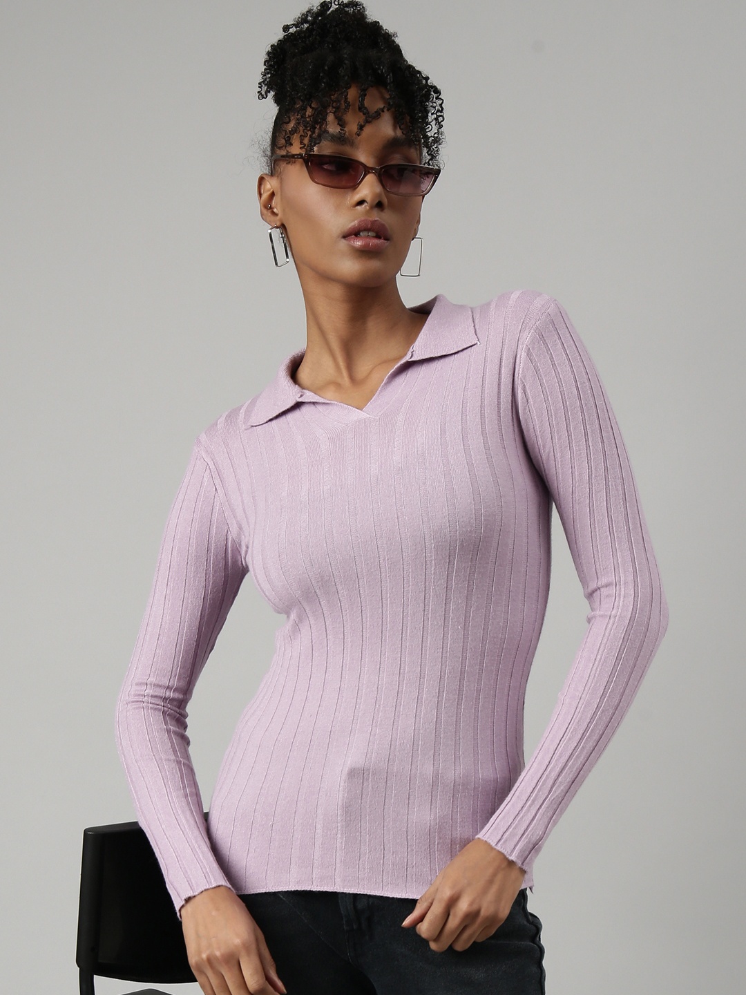 

SHOWOFF Self Design Shirt Collar Acrylic Fitted Top, Lavender