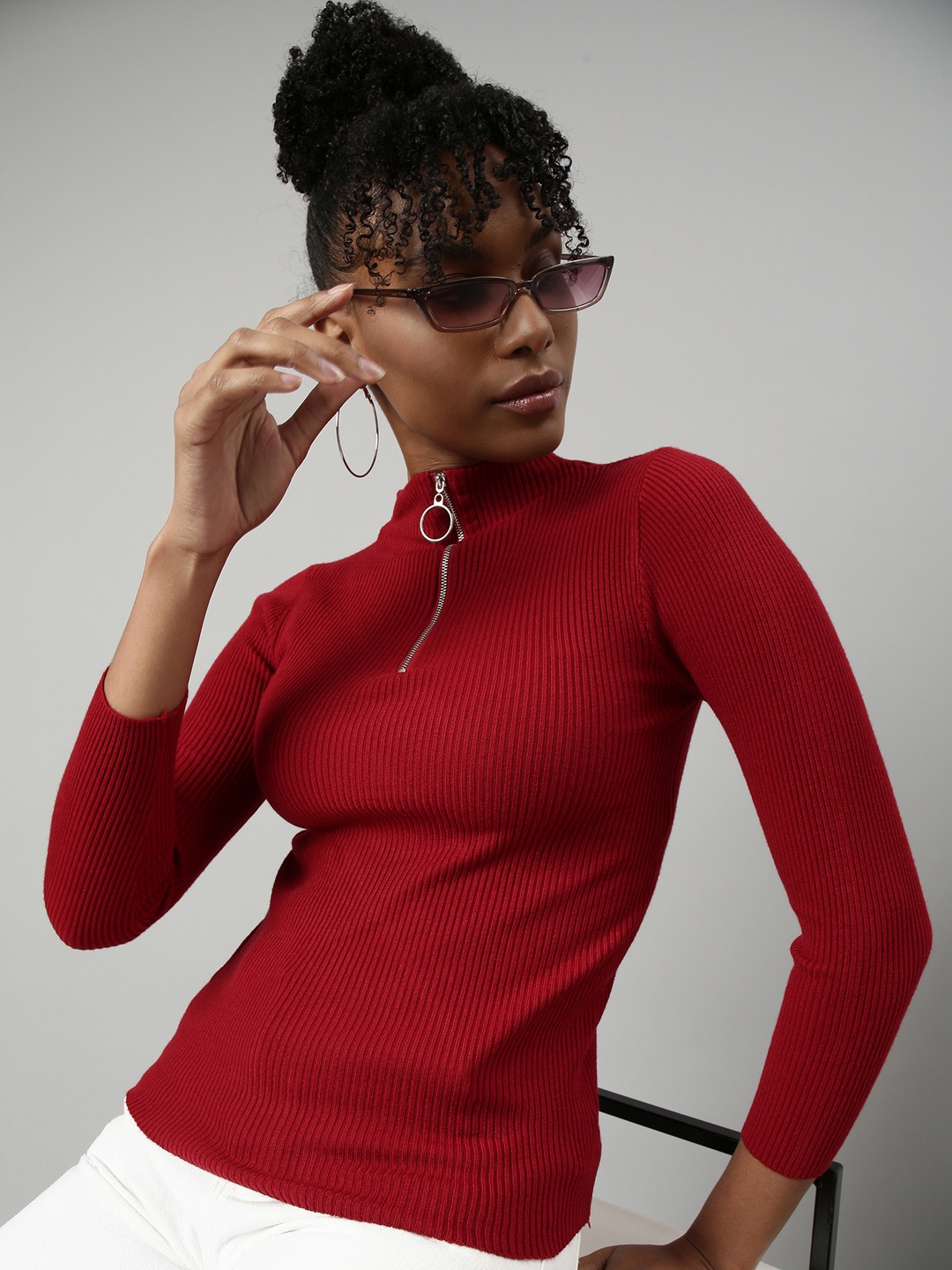 

SHOWOFF Long Sleeves Solid High Neck Fitted Top, Red