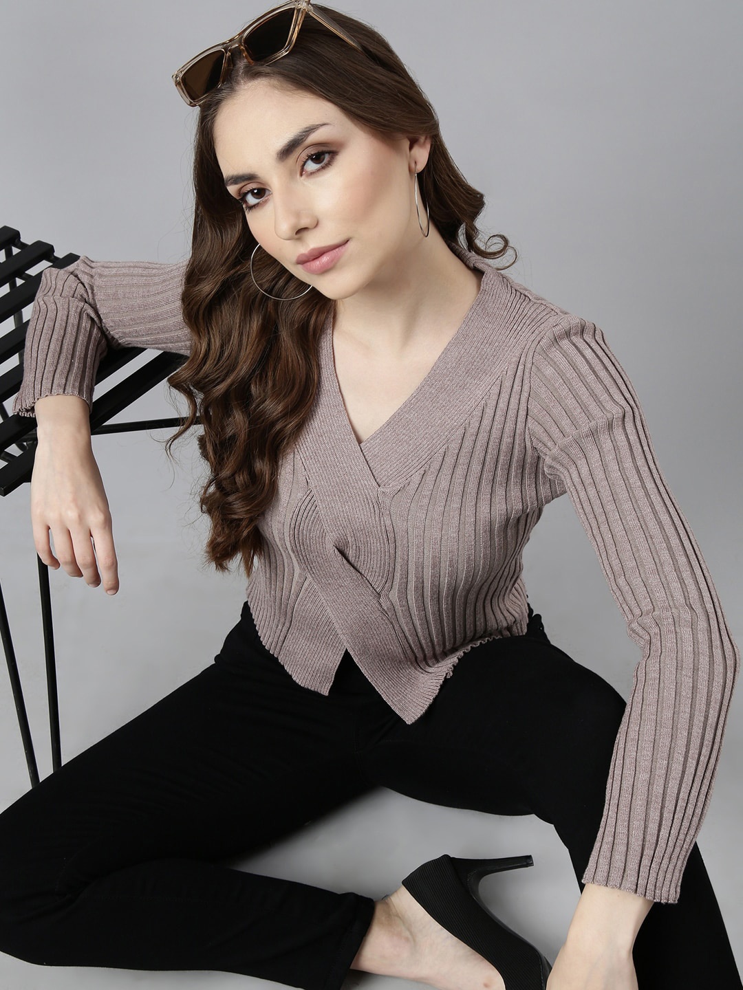

SHOWOFF V-Neck Long Sleeves Striped Twisted Wrap Top, Grey