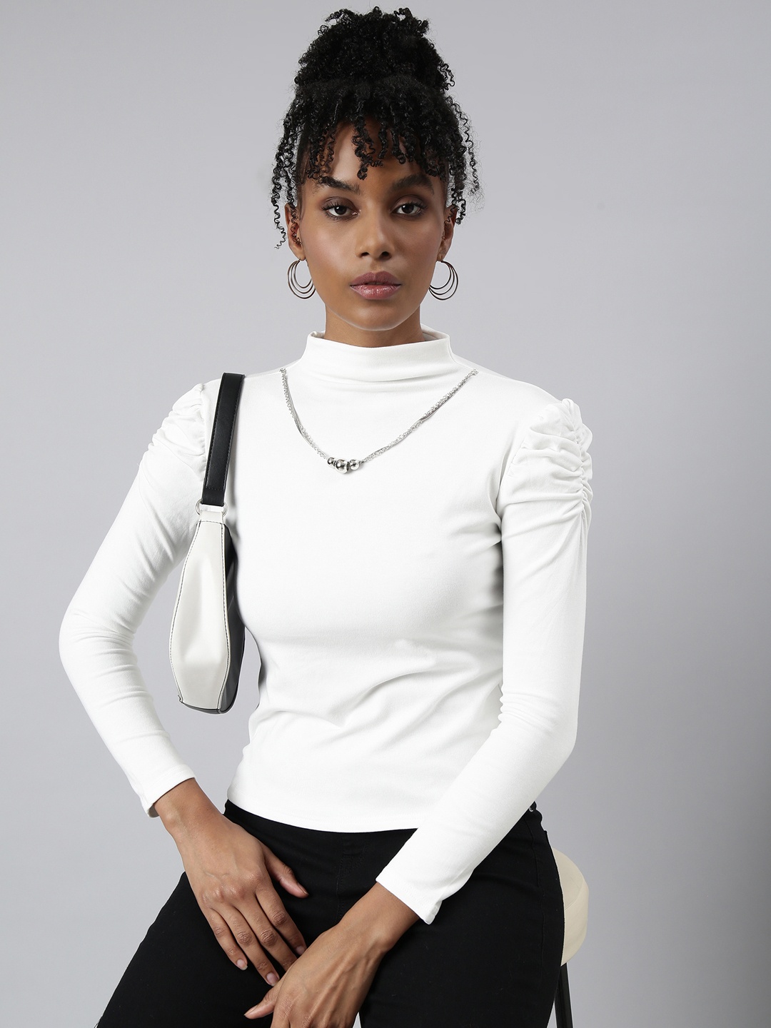 

SHOWOFF High Neck Long Sleeves Top Comes With Chain, White