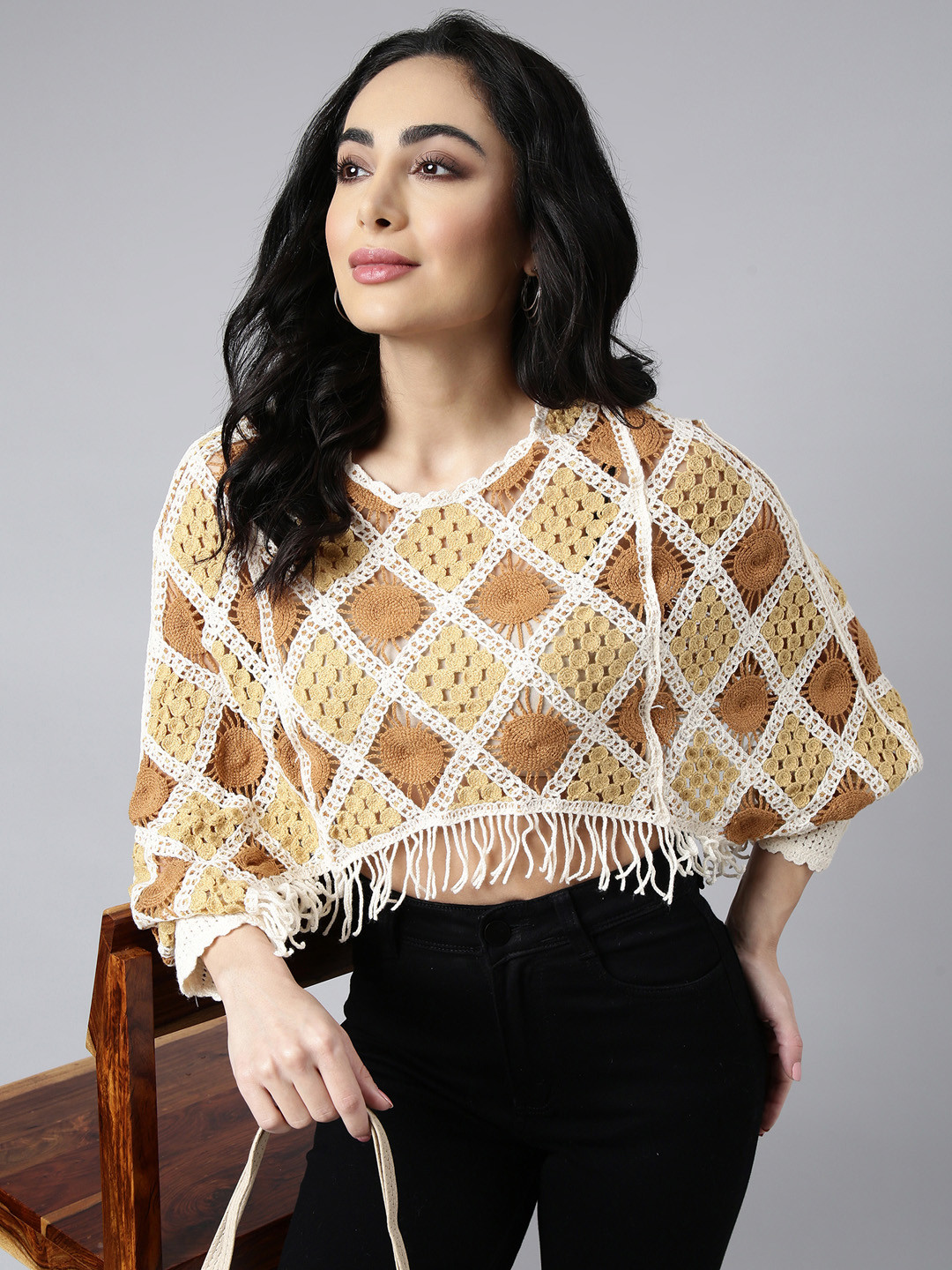 

SHOWOFF Geometric Print Extended Sleeves Fringed Crochet Blouson Crop Top, Mustard