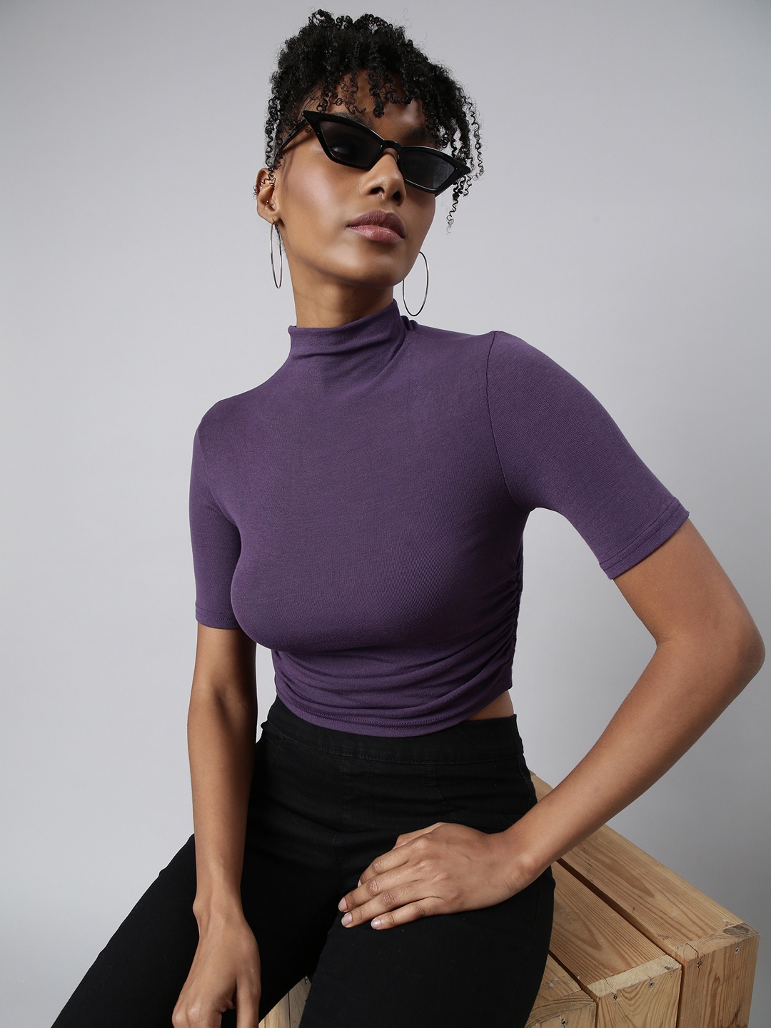 

SHOWOFF High Neck Short Sleeves Fitted Crop Top, Purple