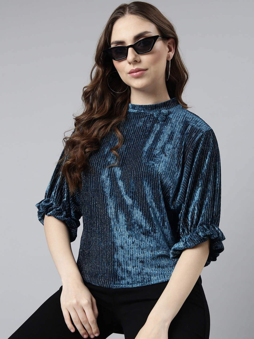 

SHOWOFF Puff Sleeve Round Neck Casual Top, Blue