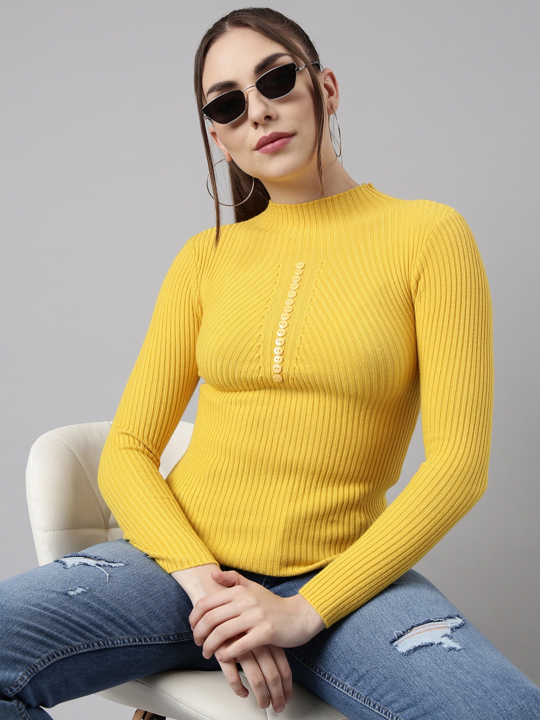 

SHOWOFF Striped High Neck Knits Fitted Top, Yellow