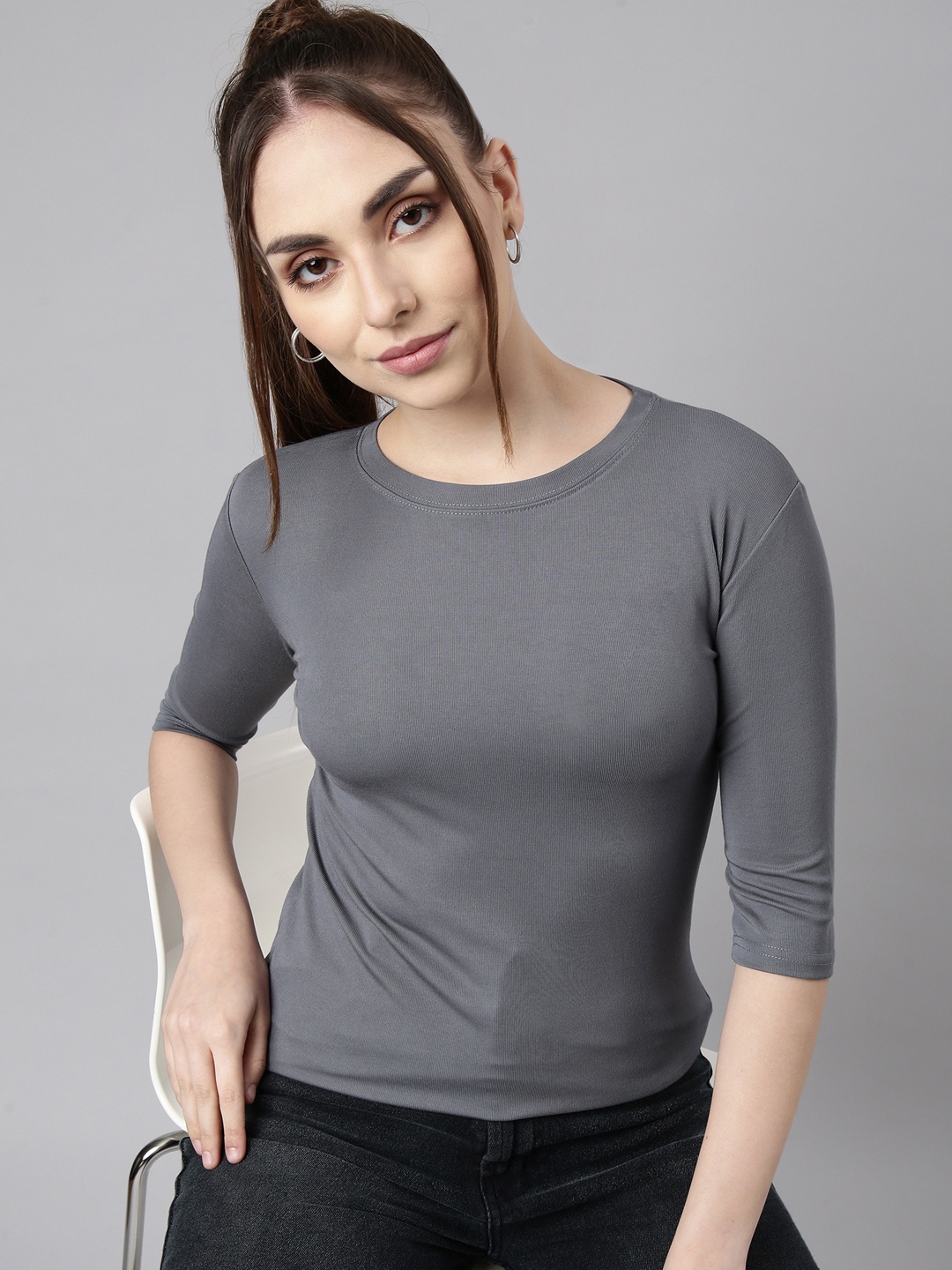 

SHOWOFF Cotton Knitted Round Neck Top, Grey