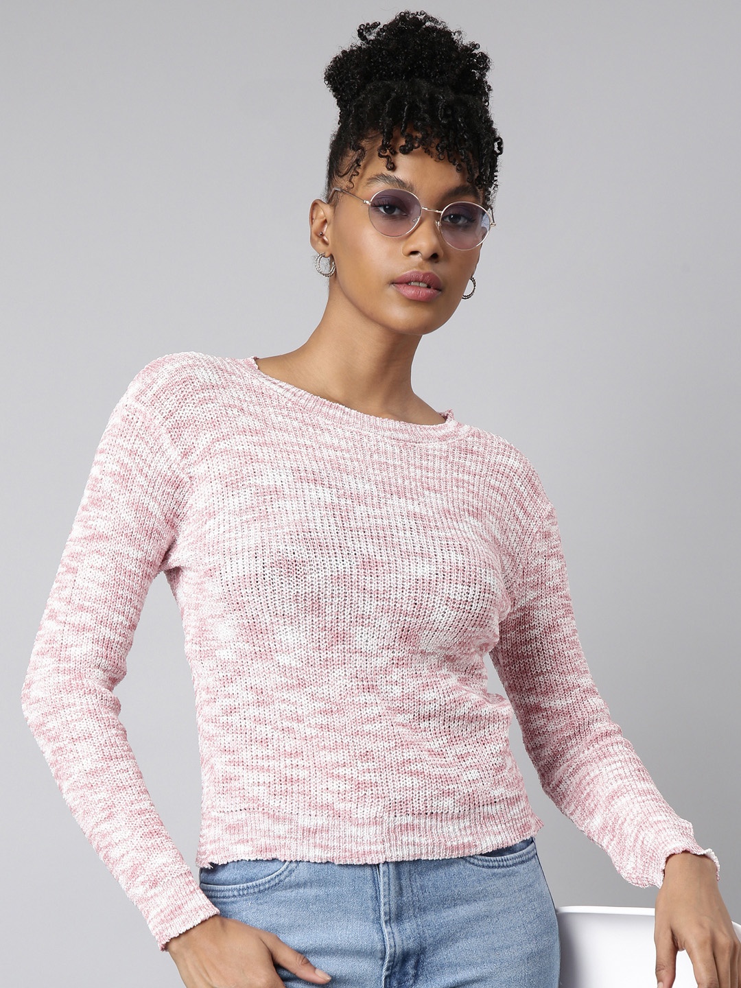 

SHOWOFF Long Sleeves Round Neck Self Design Regular Top, Pink