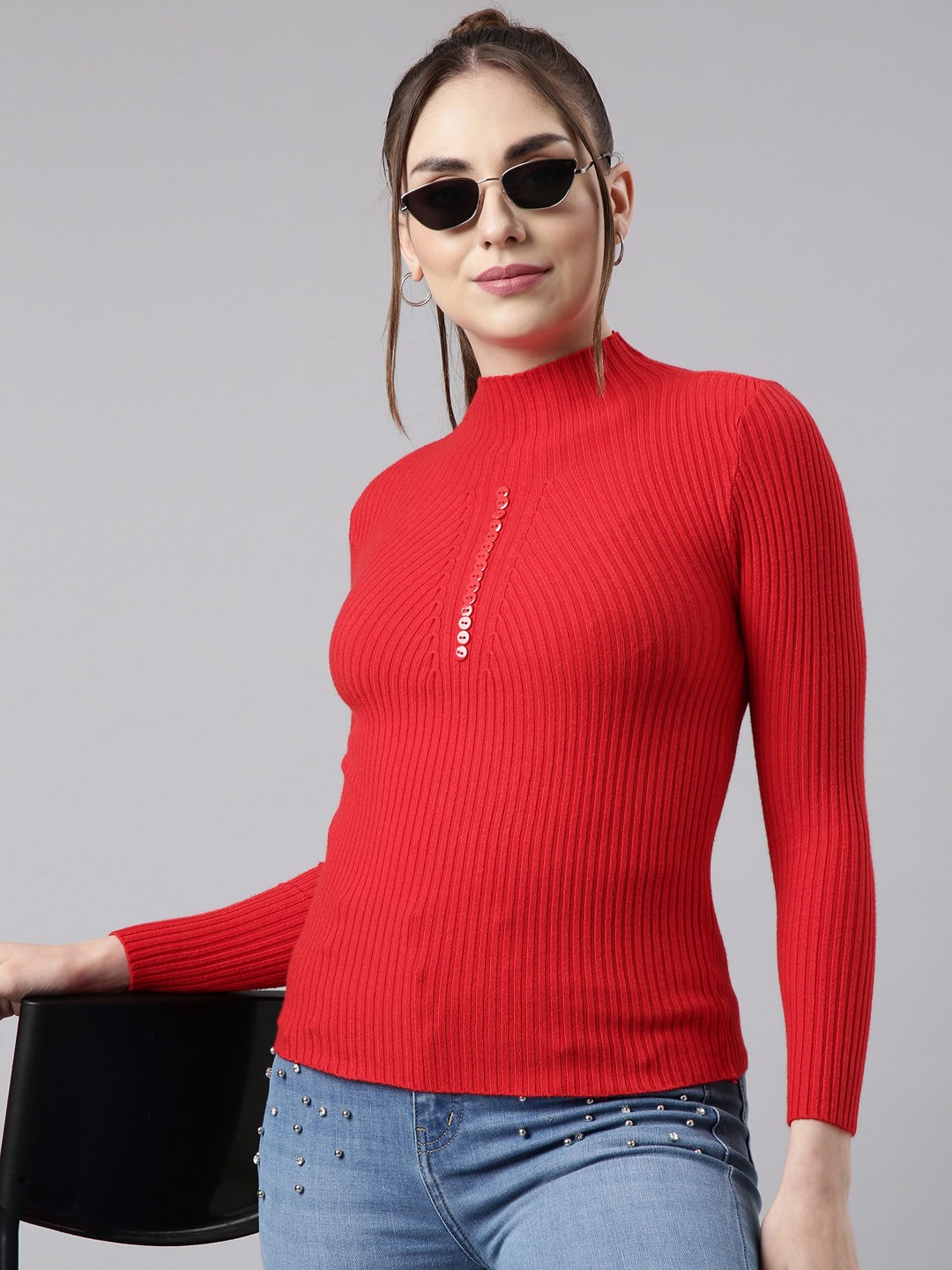 

SHOWOFF High Neck Long Sleeves Striped Top, Red