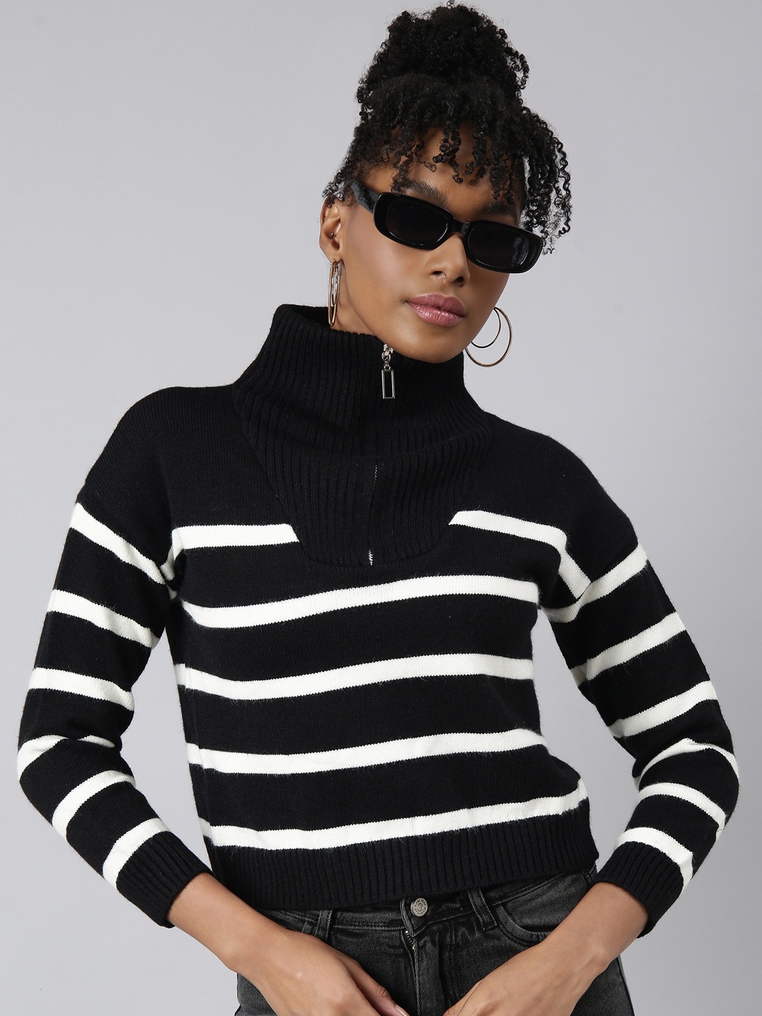 

SHOWOFF Striped Three-Quarter Sleeves High Neck Top, Black