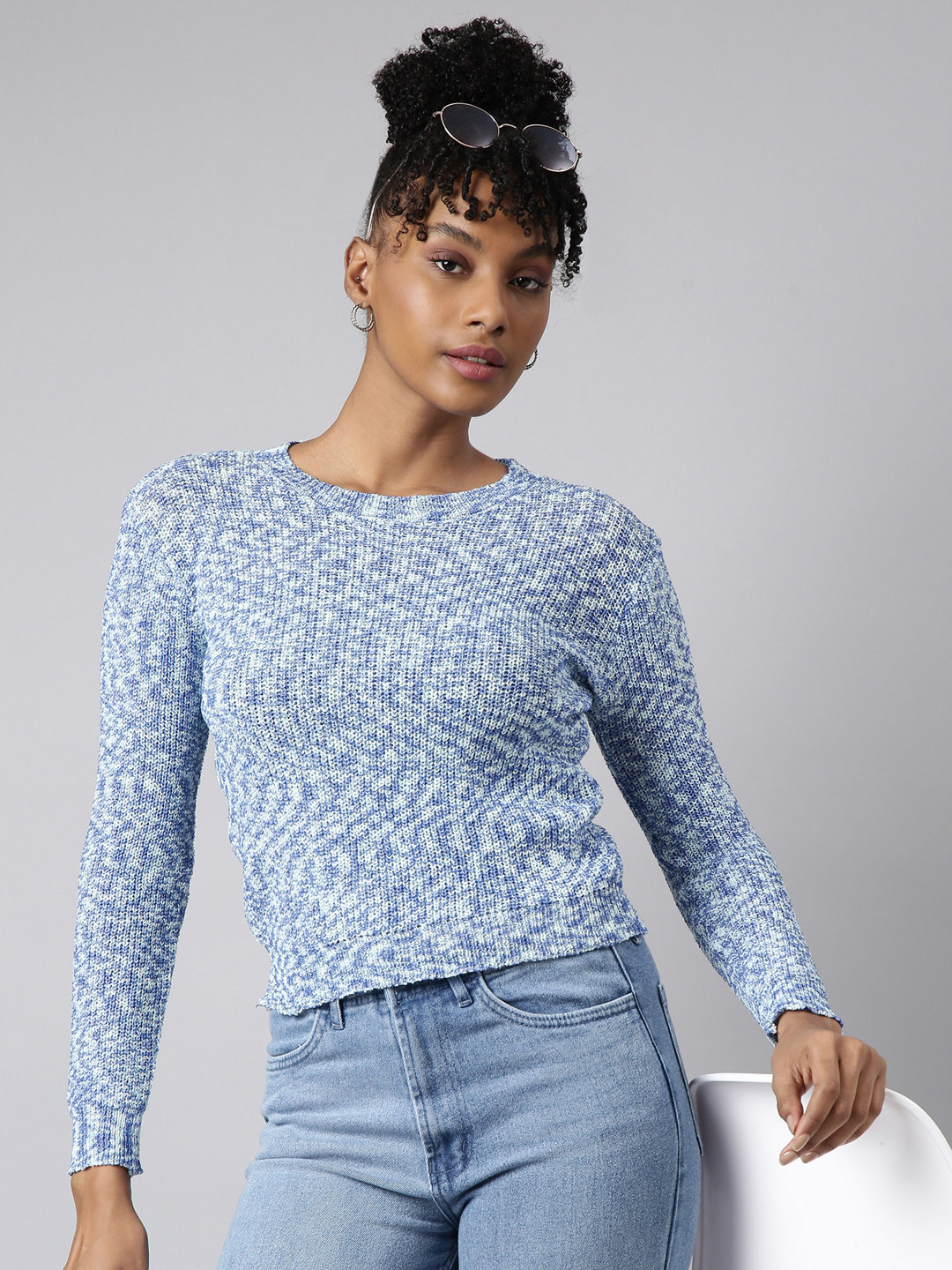 

SHOWOFF Round Neck Self Design Top, Blue