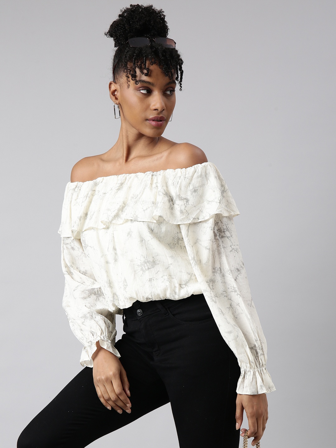 

SHOWOFF Off-Shoulder Bell Sleeve Bardot Top, Cream