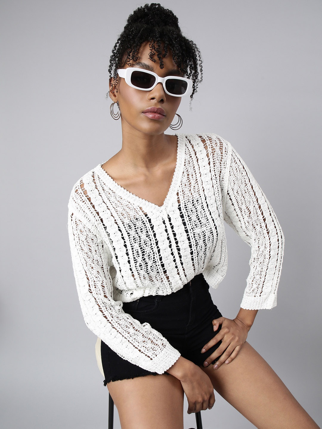 

SHOWOFF Vertical Stripes Crochet Crop Top, White