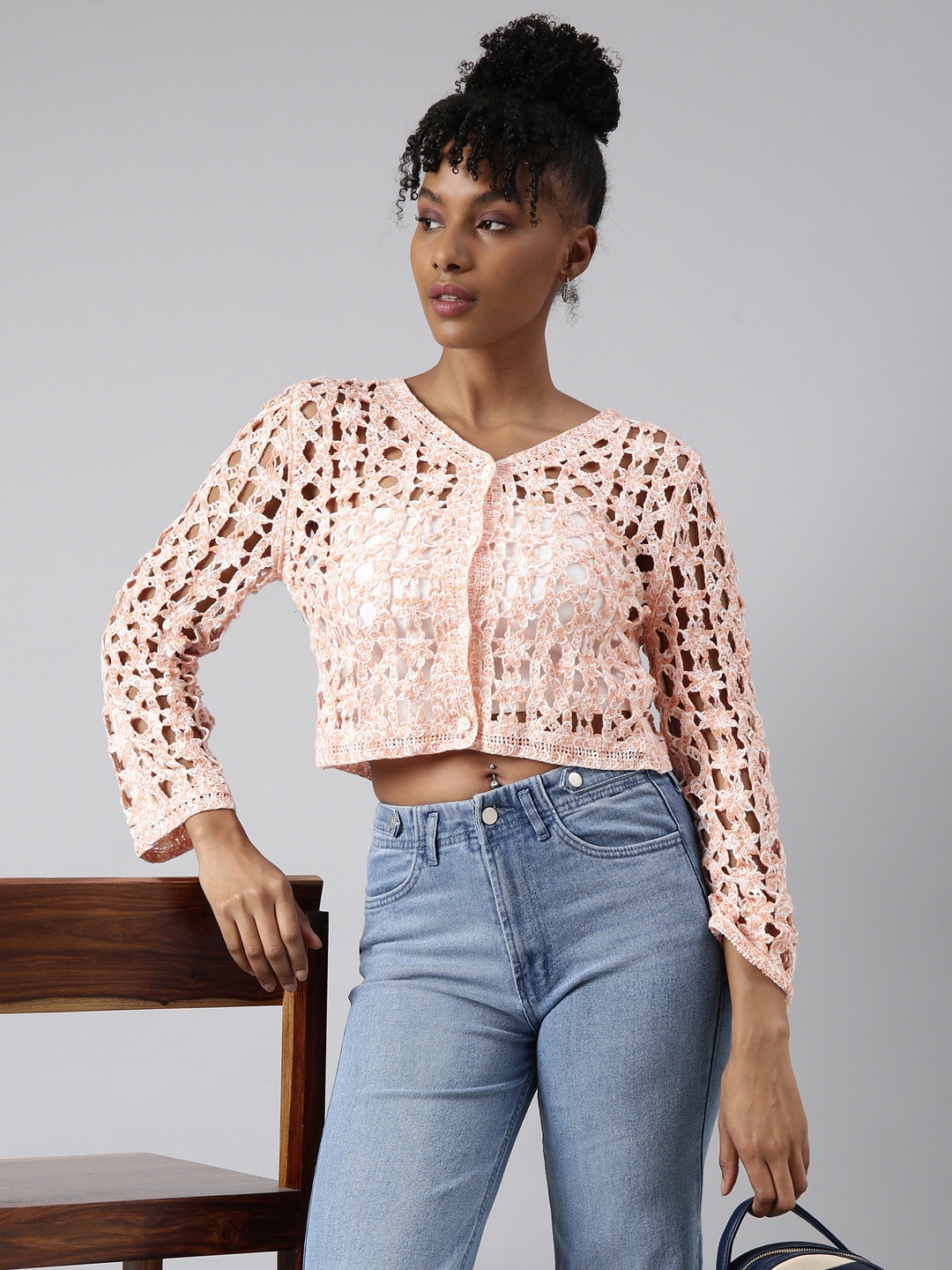 

SHOWOFF Bell Sleeve V-Neck Self Design Crochet Crop Top, Orange