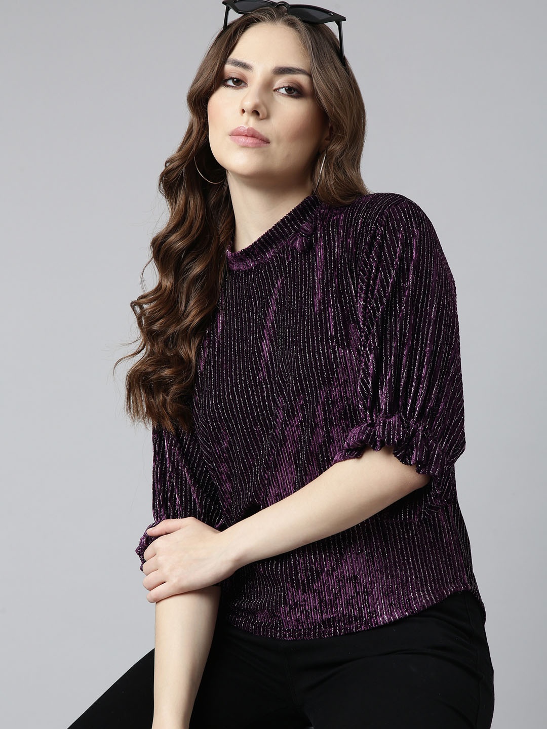 

SHOWOFF Striped Knitted Puff Sleeve Top, Purple