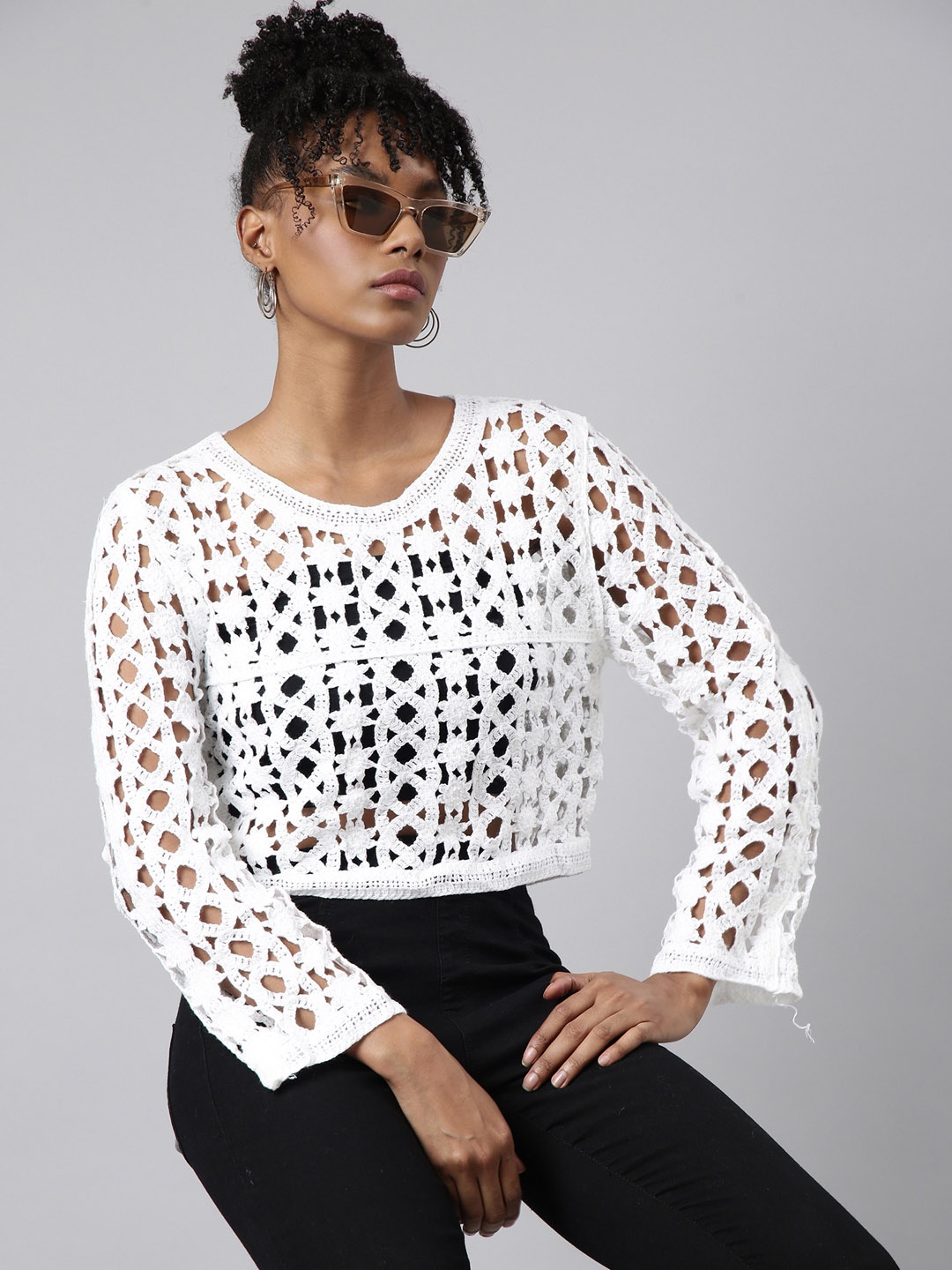 

SHOWOFF Long Sleeves Round Neck Geometric Print Crochet Top, Off white