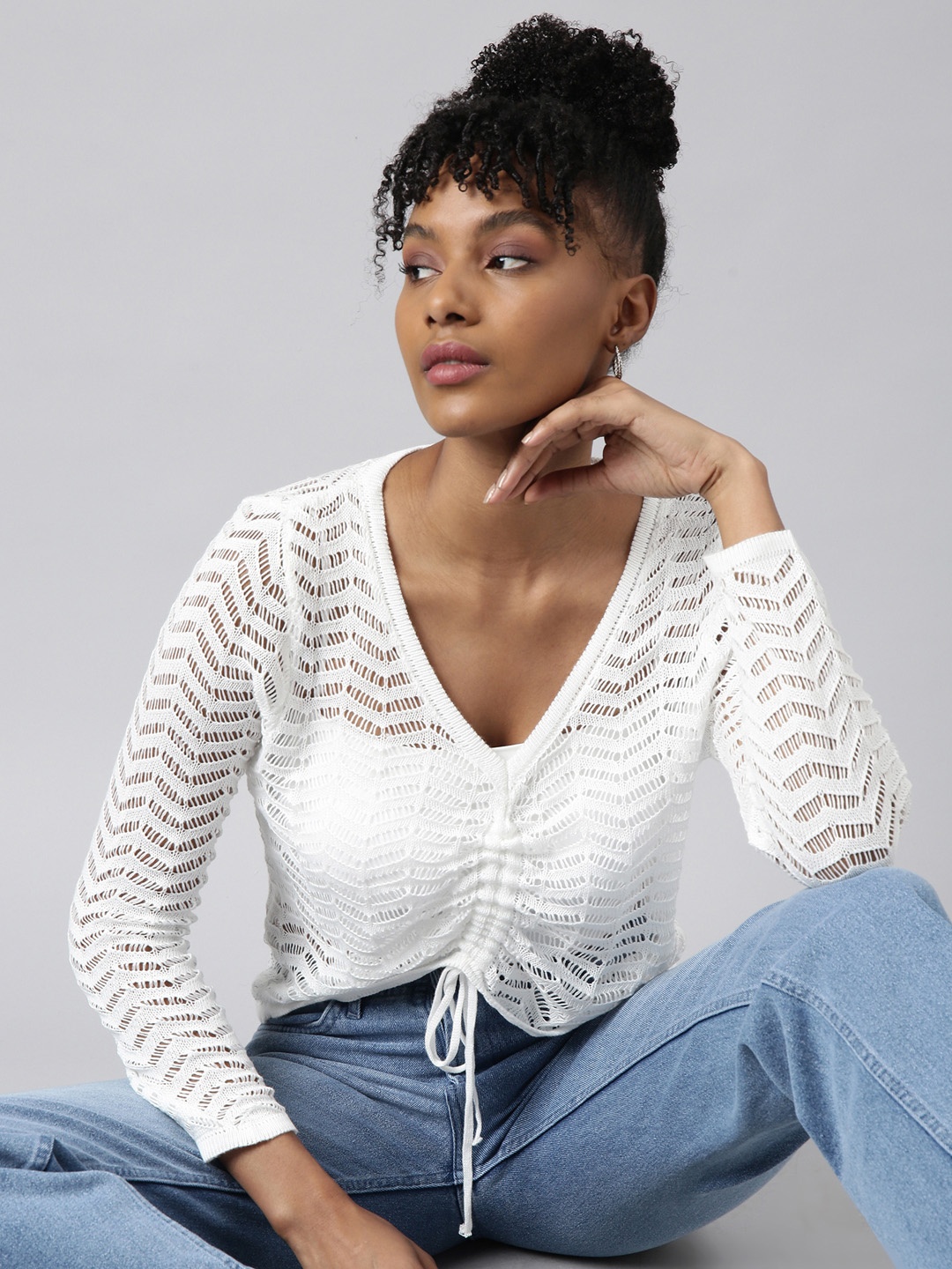 

SHOWOFF V-Neck Self Design Crochet Ruched Top Comes With Inner Slip, White