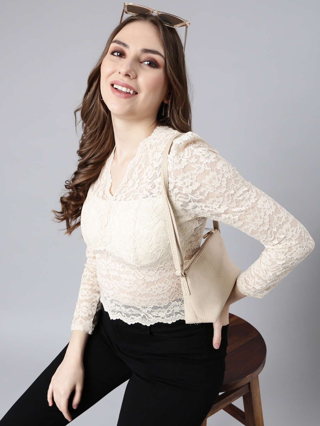 

SHOWOFF Long Sleeves V-Neck Self Design Empire Regular Top, Cream