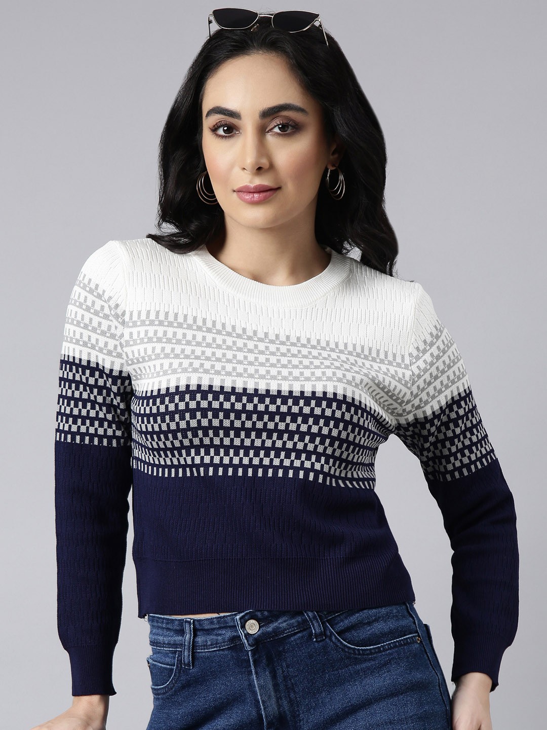 

SHOWOFF Self Design Colourblocked Fitted Regular Top, Navy blue