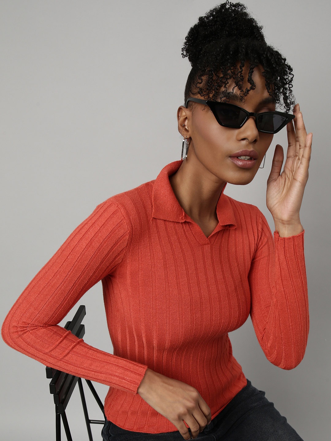 

SHOWOFF Shirt collar Long Sleeves Shirt Style Top, Rust