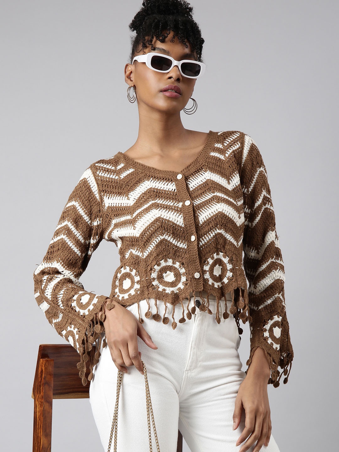 

SHOWOFF Bell Sleeve V Neck Fringed Crochet Top, Brown