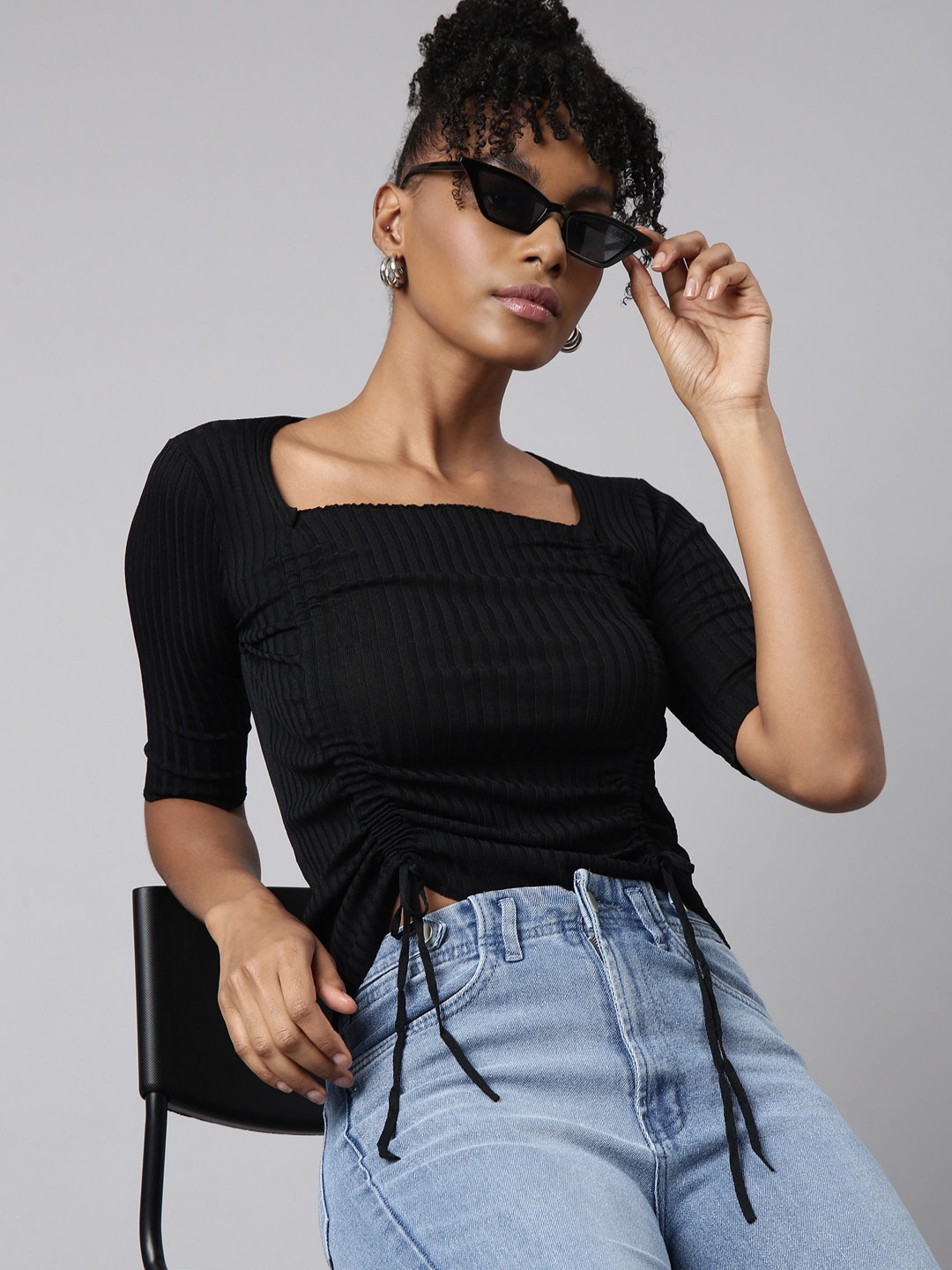 

SHOWOFF Short Sleeves Self Design Square Neck Fitted Ruched Crop Top, Black