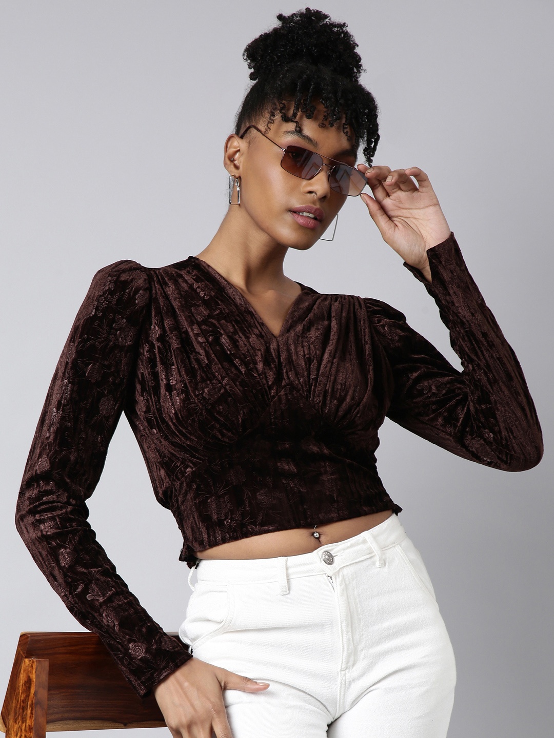 

SHOWOFF Long Sleeves V-Neck Self Design Cinched Waist Crop Top, Brown