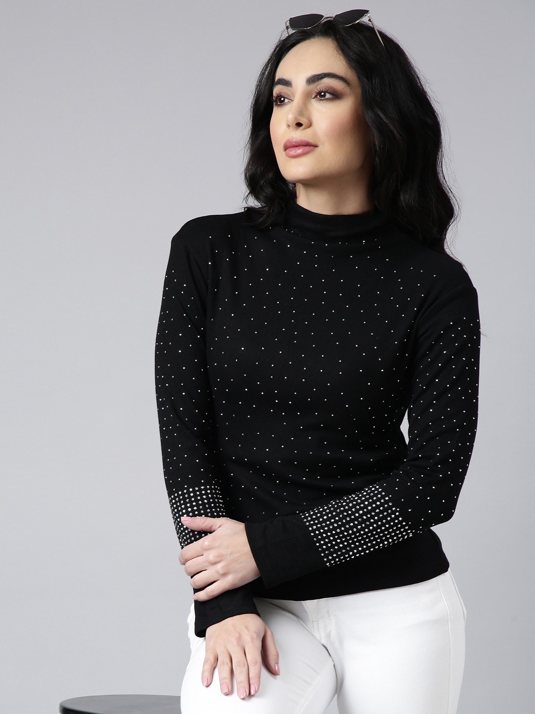 

SHOWOFF Polka Dot Printed Long Sleeves High Neck Casual Top, Black