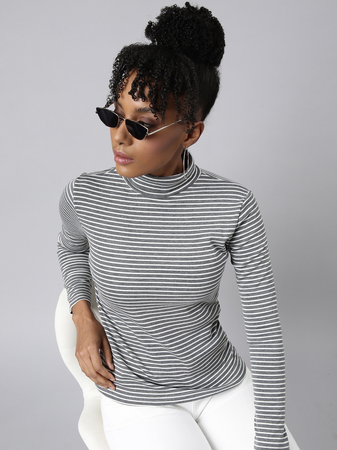

SHOWOFF Striped Printed High Neck Long Sleeves Casual Top, Grey
