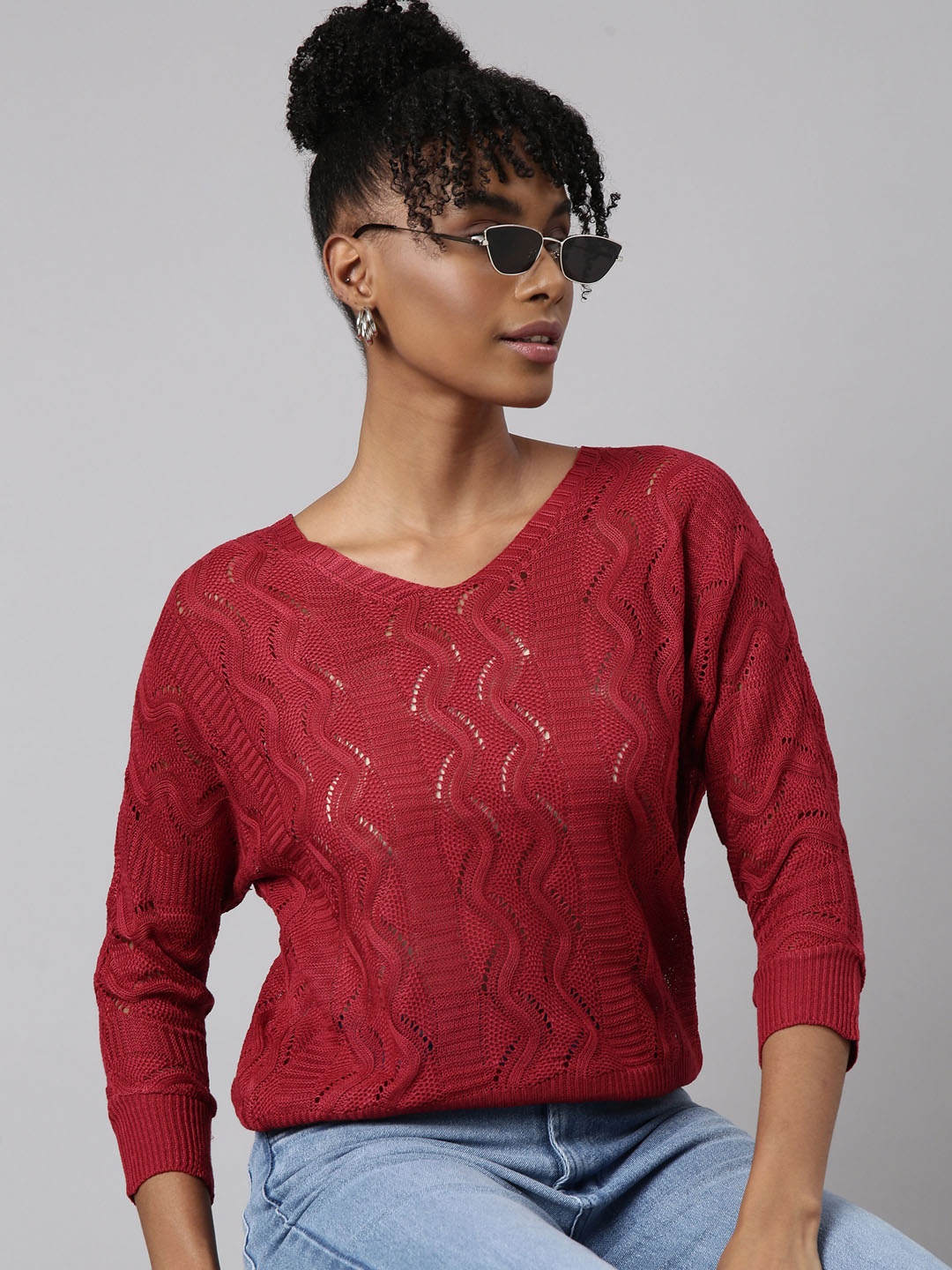 

SHOWOFF V-Neck Three Quarter Extended Sleeves Sheer Crochet Top, Maroon