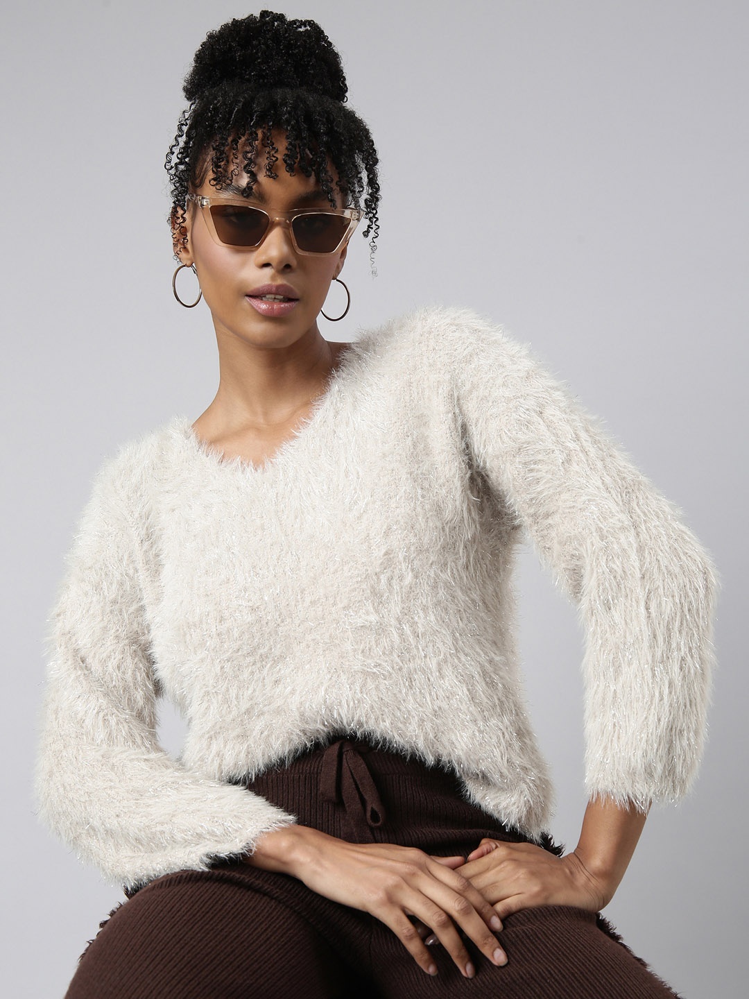

SHOWOFF Self Design V-Neck Faux Fur Trim Bling & Sparkly Acrylic Top, Beige