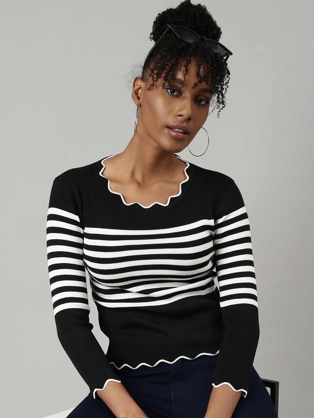 

SHOWOFF Striped Round Neck Acrylic Fitted Top, Black