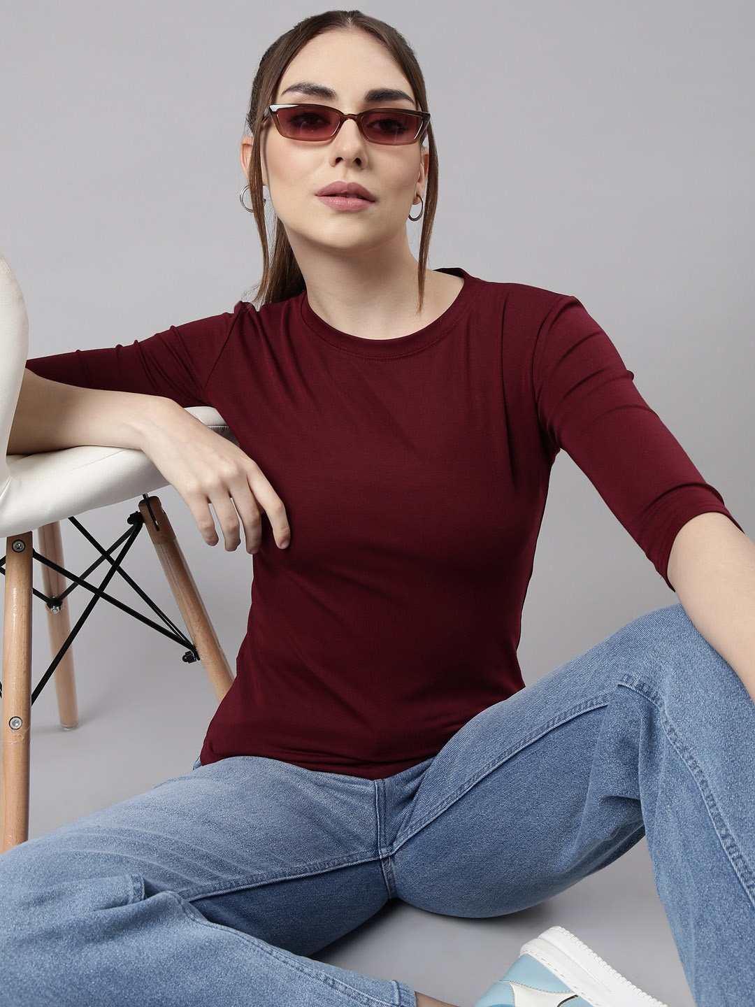 

SHOWOFF Round Neck Cotton Fitted Top, Maroon