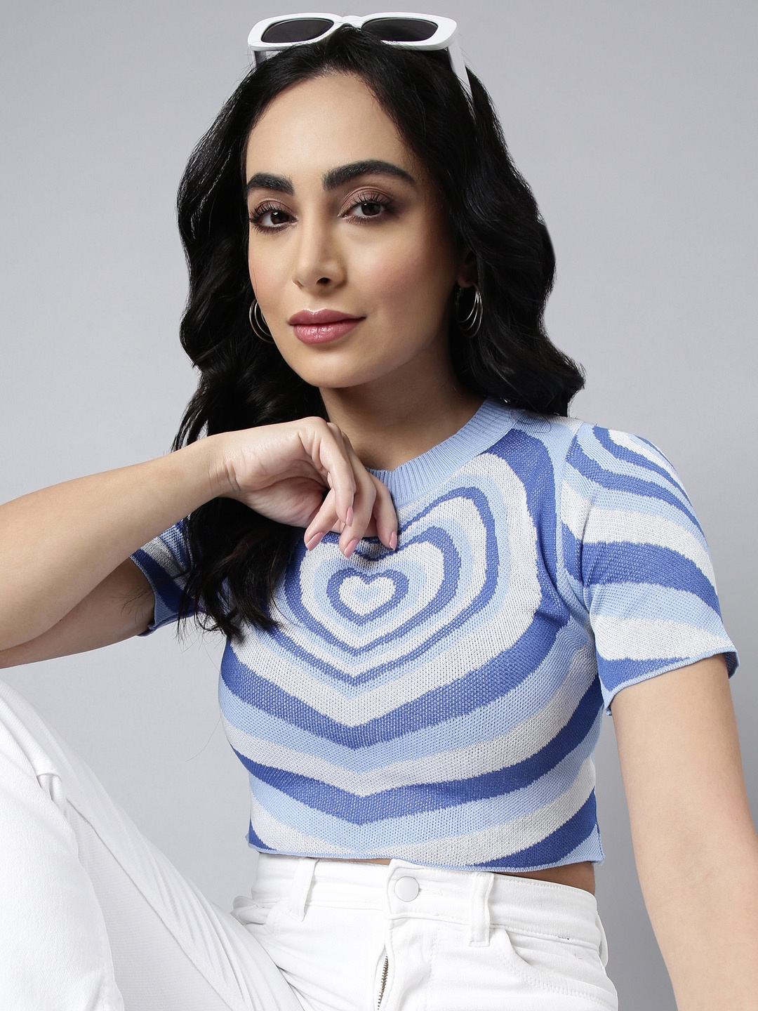 

SHOWOFF Horizontal Stripes Fitted Crop Top, Blue