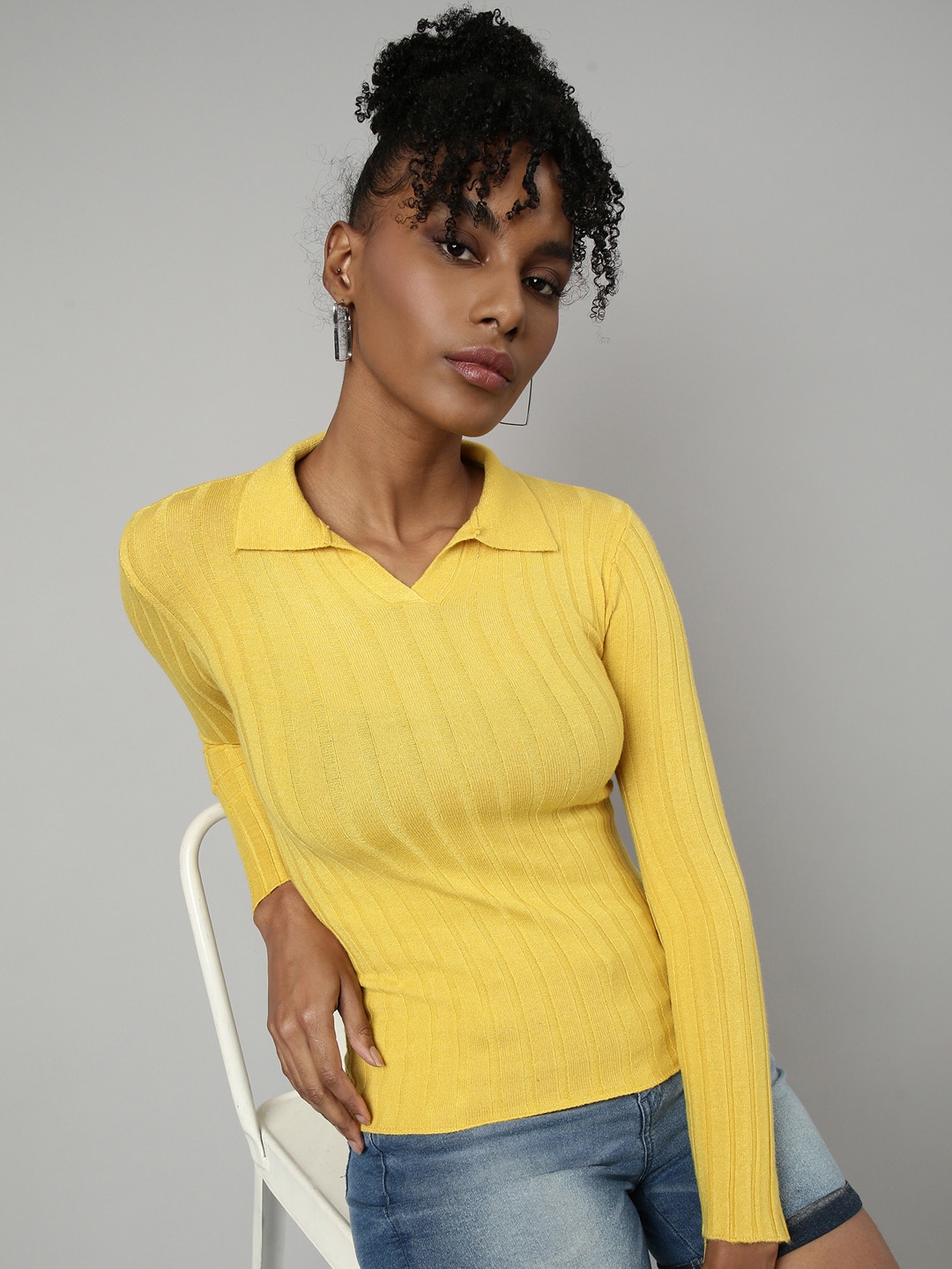 

SHOWOFF Self Design Shirt Collar Acrylic Fitted Top, Yellow
