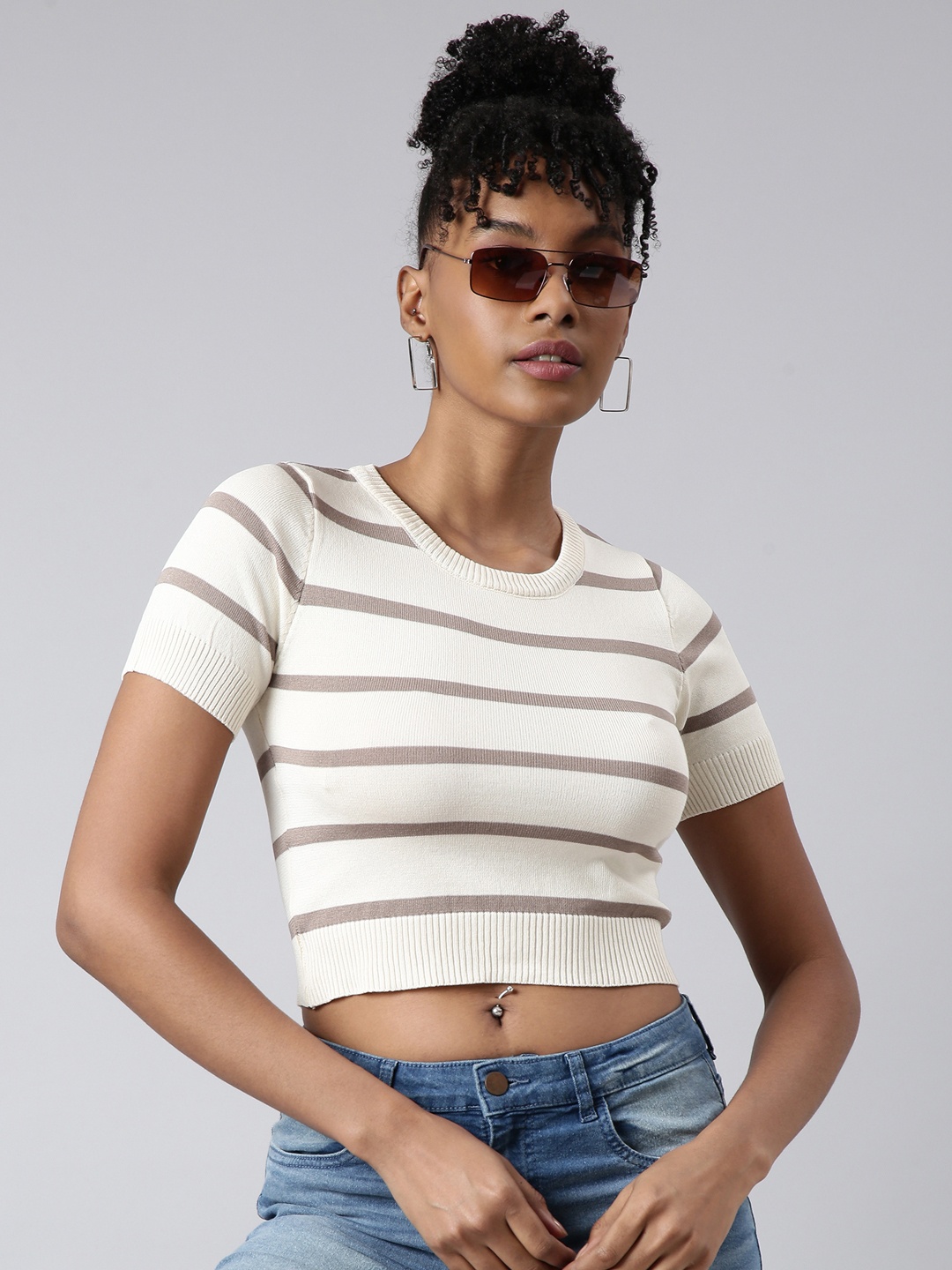 

SHOWOFF Horizontal Stripes Crop Top, Cream