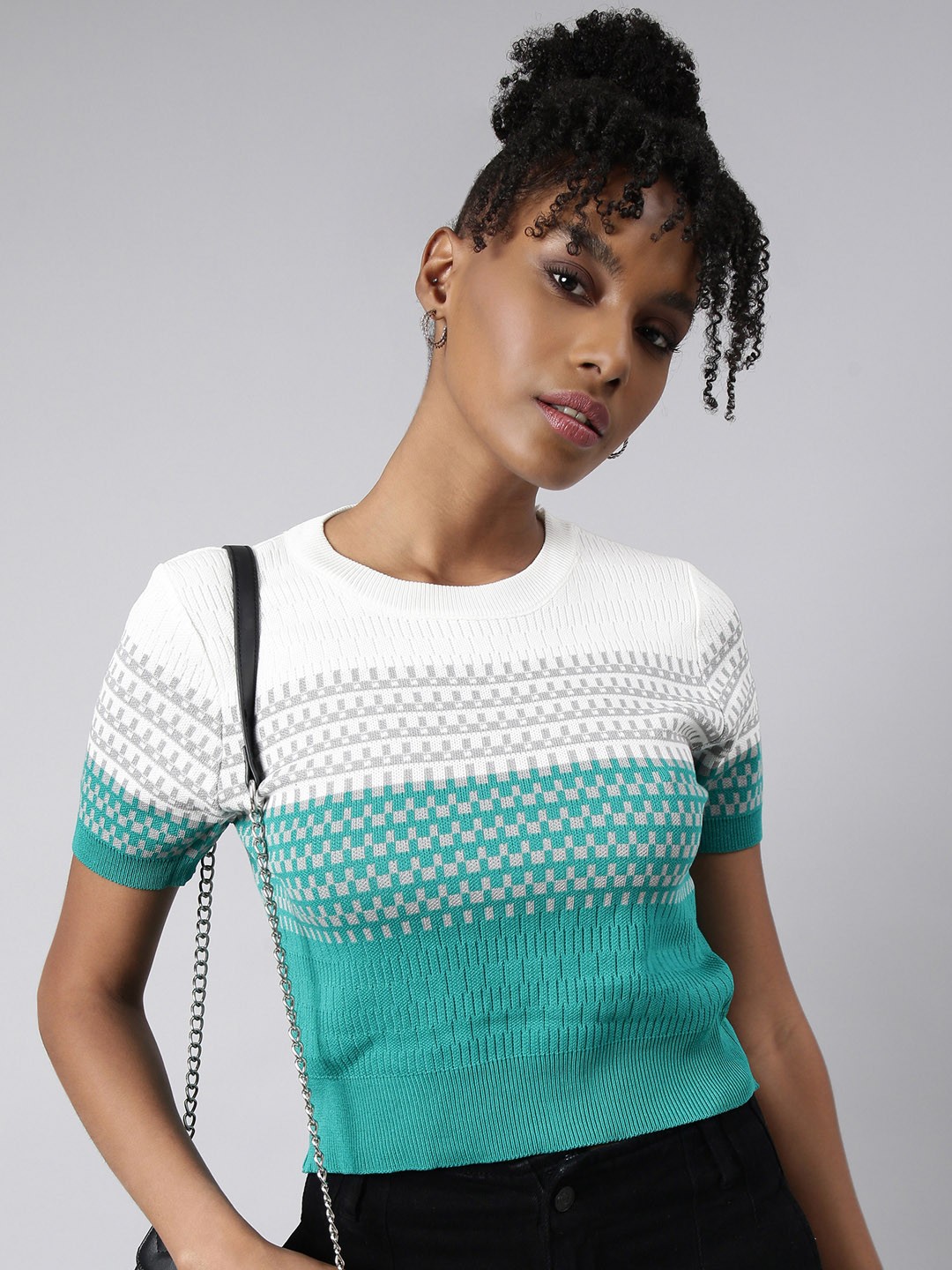 

SHOWOFF Short Sleeves Round Neck Self Design Fitted Regular Top, Turquoise blue