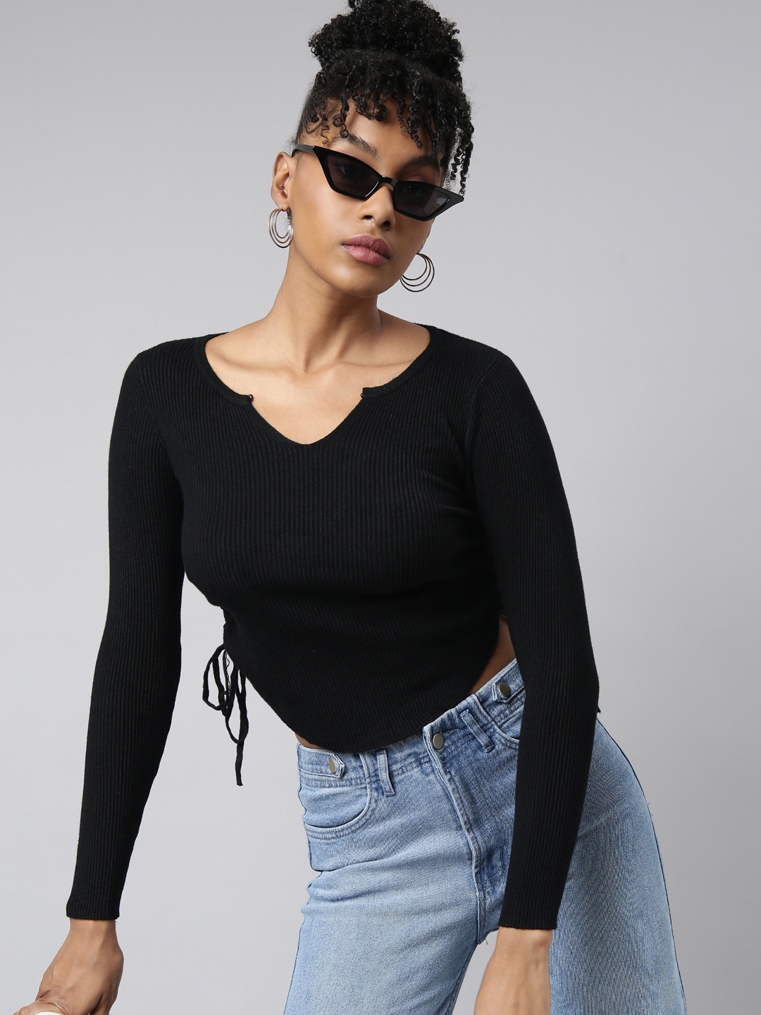 

SHOWOFF Striped Knitted V-Neck Top, Black