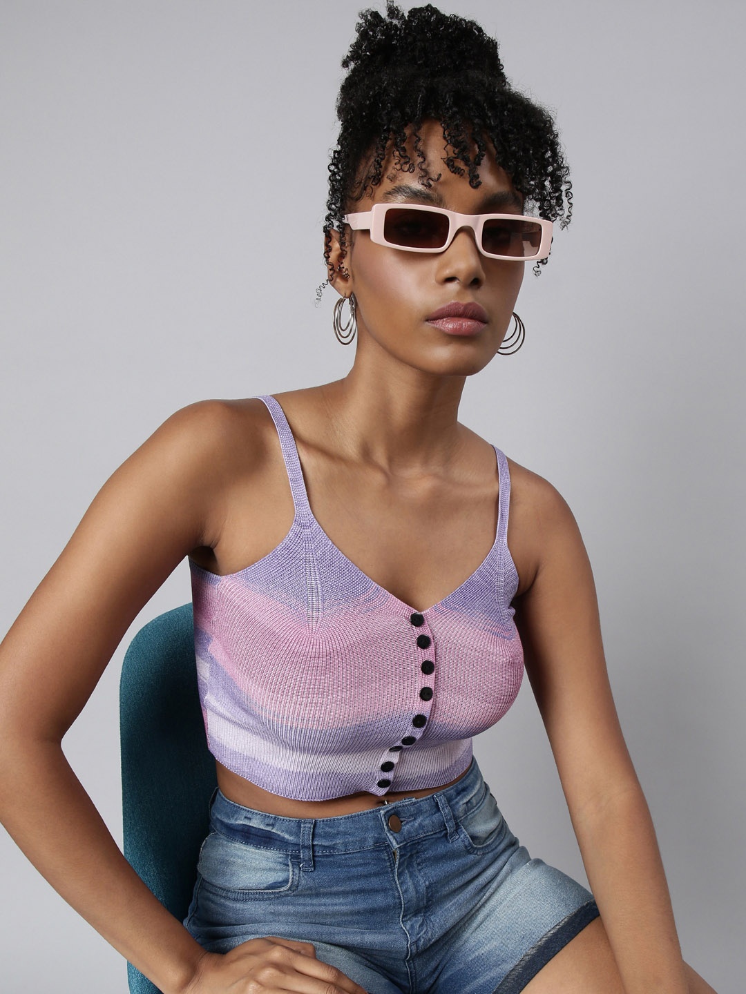 

SHOWOFF Striped Fitted Shoulder Straps Crop Top, Lavender