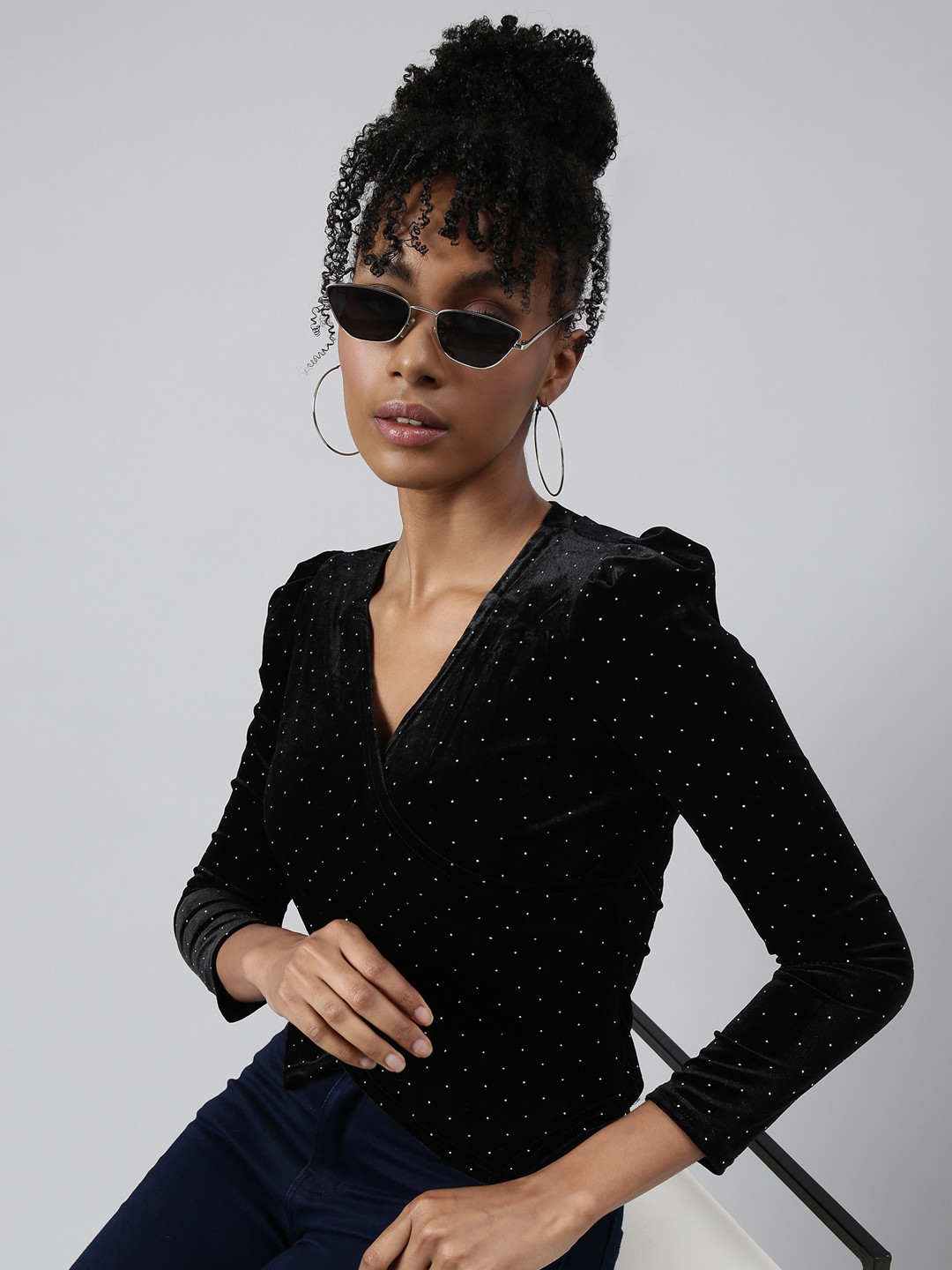 

SHOWOFF Polka Dot Print Studded Velvet Top, Black