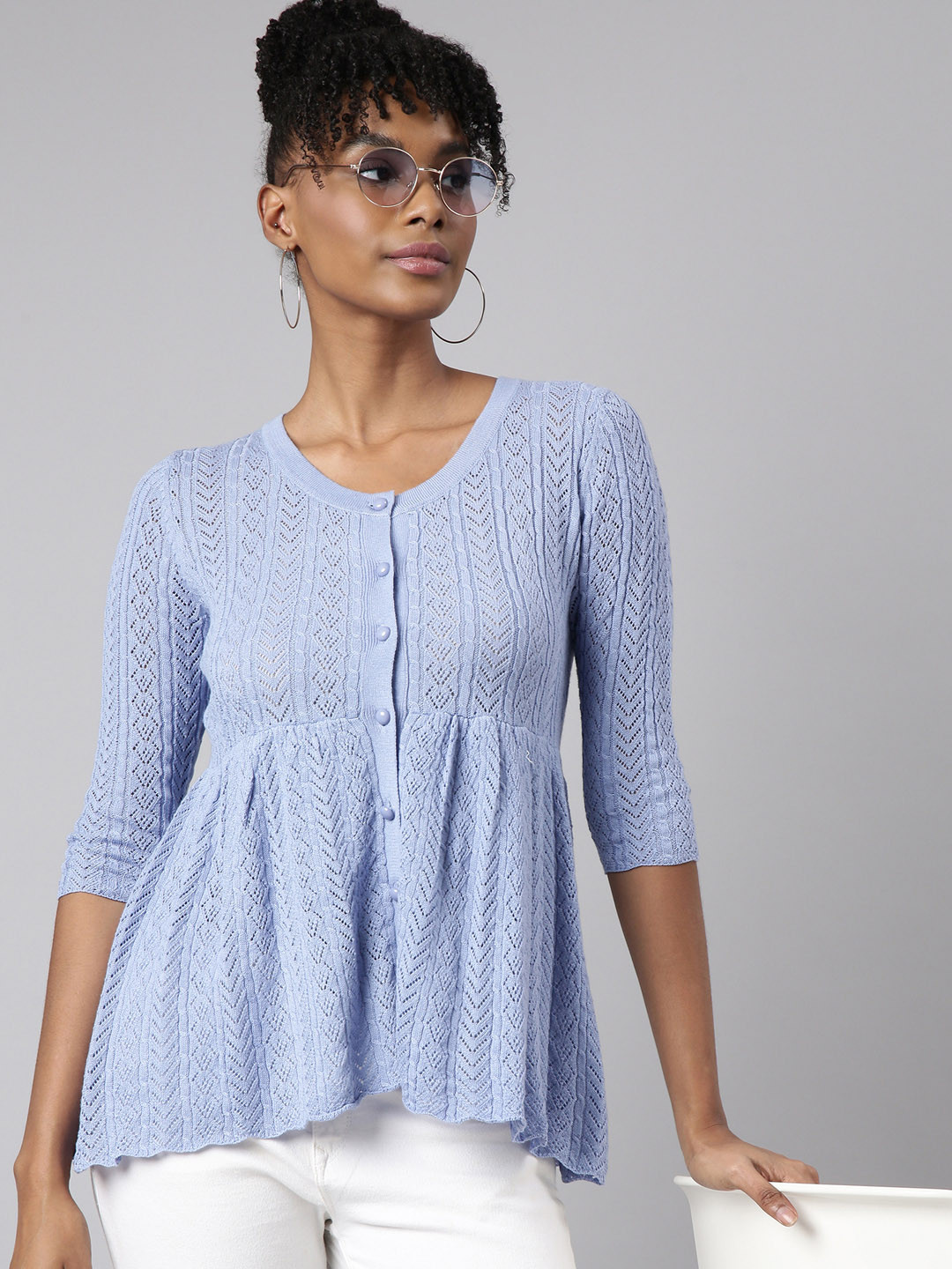 

SHOWOFF Geometric Crochet Round Neck Empire Acrylic Top, Blue