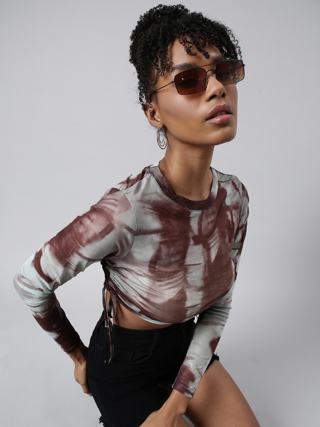 

SHOWOFF Abstract Printed Tie-Ups Net Crop Top, Brown