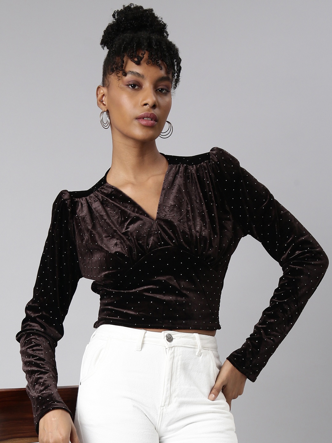 

SHOWOFF Long Sleeves V-Neck Embellished Puff Sleeve Studded Smocked Velvet Wrap Top, Brown