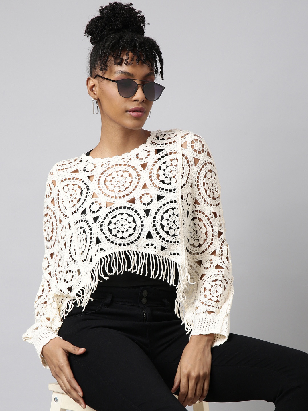 

SHOWOFF Long Sleeves Round Neck Self Design Crop Cape Top, Cream