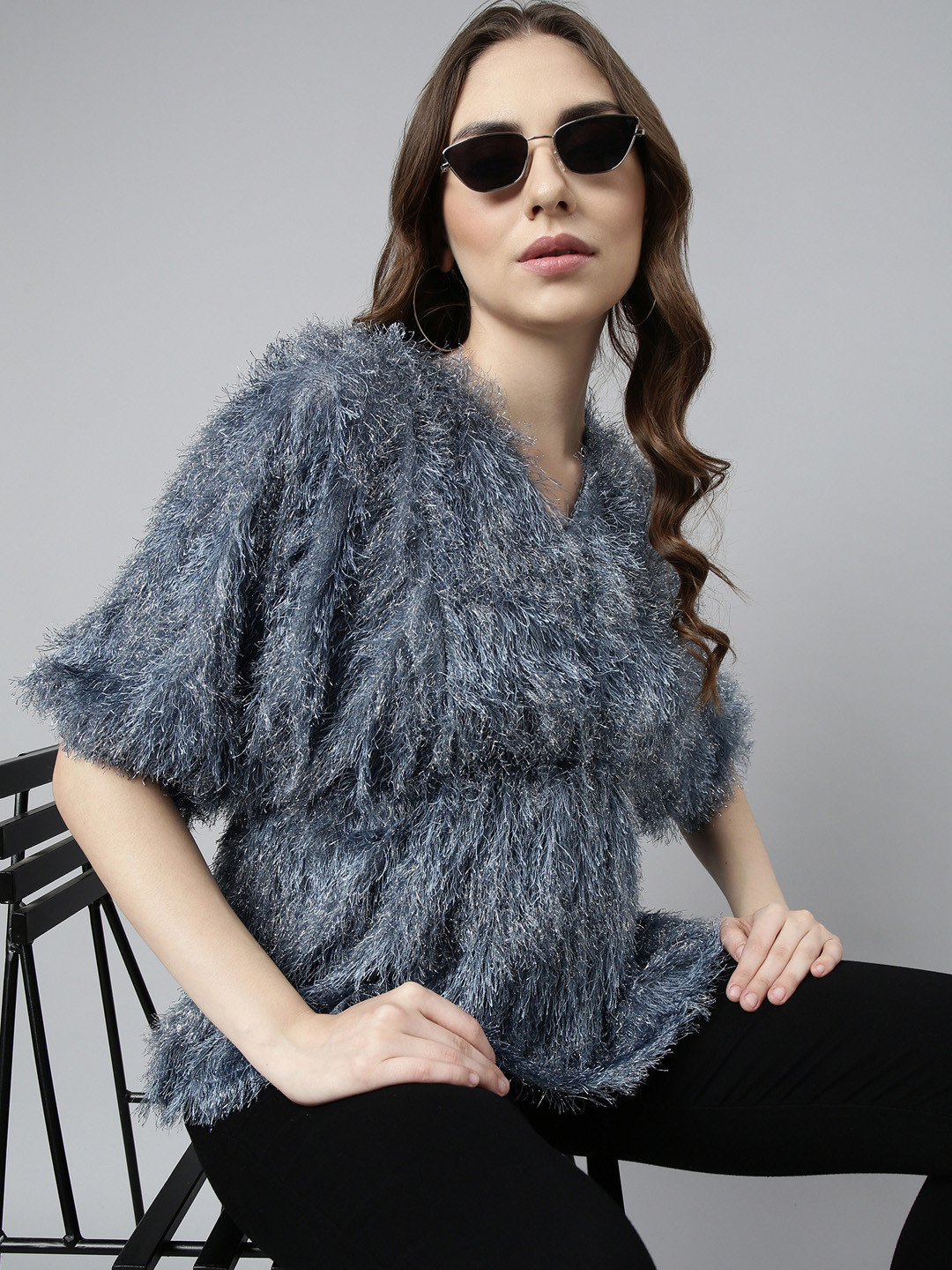 

SHOWOFF Self Design V-Neck Fringed Blouson Top, Grey